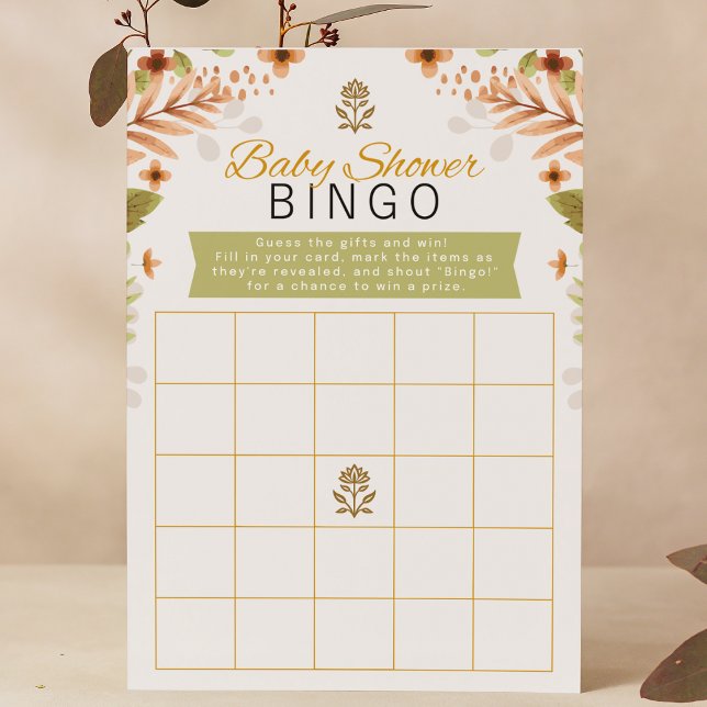Chá de fraldas Floral Verde e Castanho (Baby shower bingo game woodland fall foster adoptive shower game green brown leaves floral botanical)