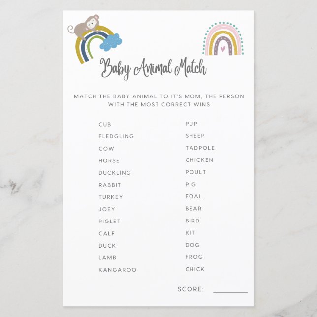 Chá de fraldas Jogo Bebê Correspondência Animal Gê (Frente)