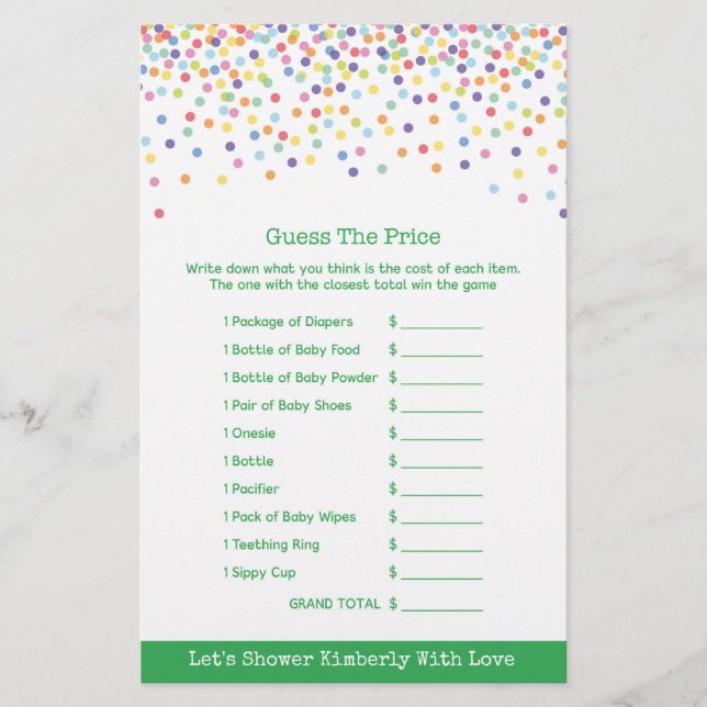 Chá de fraldas Jogo no Tema de Confetti (Frente)