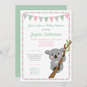 Chá de fraldas Koala Bear Convite Meninas Rosa Ros