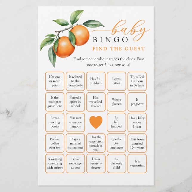 Chá de fraldas Laranja Encontre o Jogo de Bingo co (Frente)