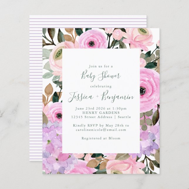 Chá de fraldas Lilac Cor-de-Rosa Floral (Frente/Verso)