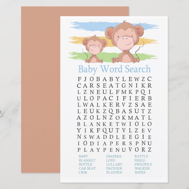 Chá de fraldas Macaco Jogo de Pesquisa do Word (Frente/Verso)