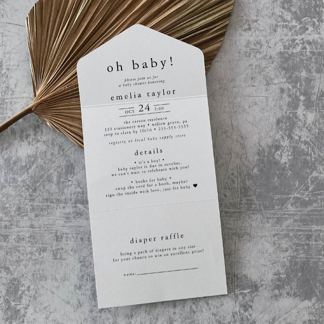 CHÁ DE FRALDAS Mínimo de Fralda Simples de Raffle  (EMELIA Minimal Simple Diaper Raffle Baby Shower All In One Invitation)