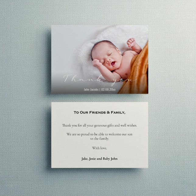 Chá de fraldas moderno, menino, cartões de agradec (Modern baby shower, baby boy, thank you card with message and full cover photo.)