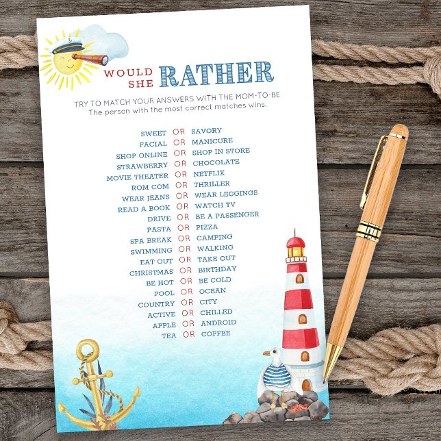 Chá de fraldas Náutica Iria Ela Preferencialmente  (Would she rather game card from my Ahoy it's a boy Nautical Baby Shower collection)