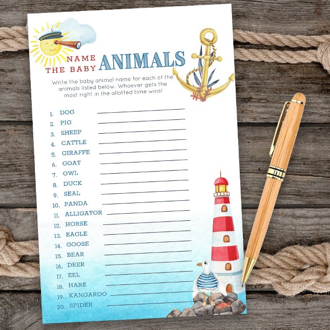 Chá de fraldas náutico: Jogo de Bebês (Baby Animals game card from my Ahoy it's a boy Nautical Baby Shower collection)
