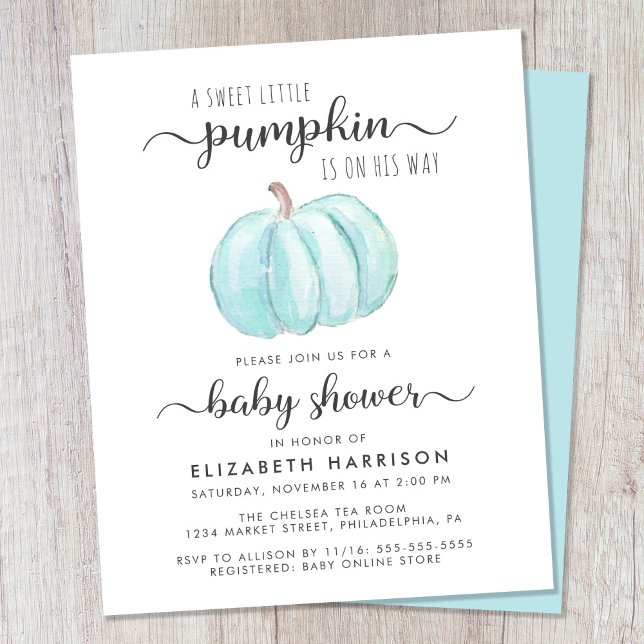 Chá de fraldas Pumpkin Blue Watercolor Convite (Celebrate the upcoming arrival of your little autumn baby boy with a pumpkin-themed baby shower)