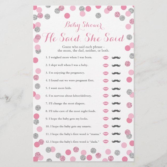 Chá de fraldas Rosa E Silver Ele Disse Que Ela Dis (Frente)