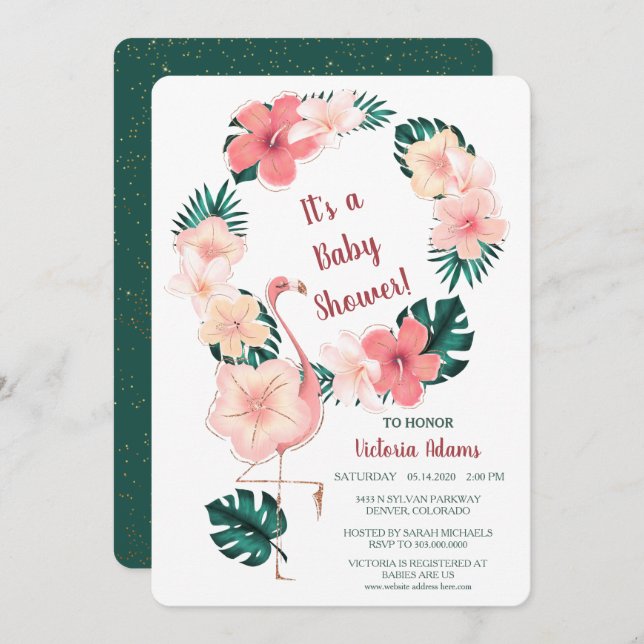Chá de fraldas Rosa Hibiscus Flamingo Convite (Frente/Verso)