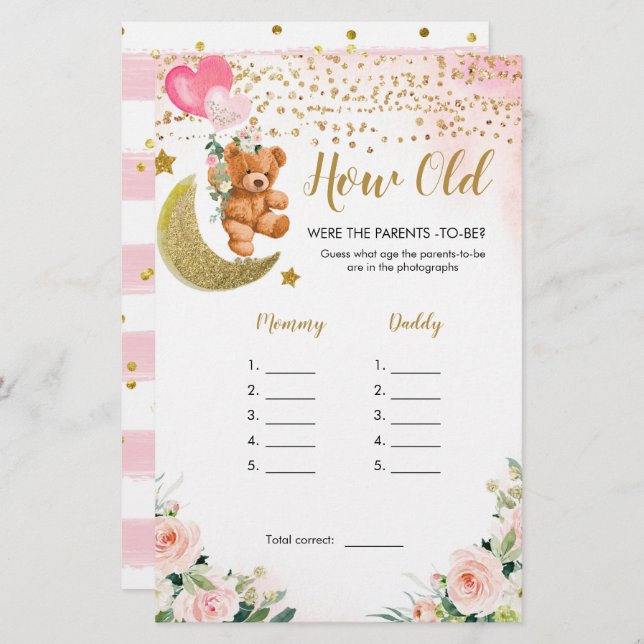 Chá de fraldas Rosa Quantos Anos Tinham Os Pais (Frente/Verso)