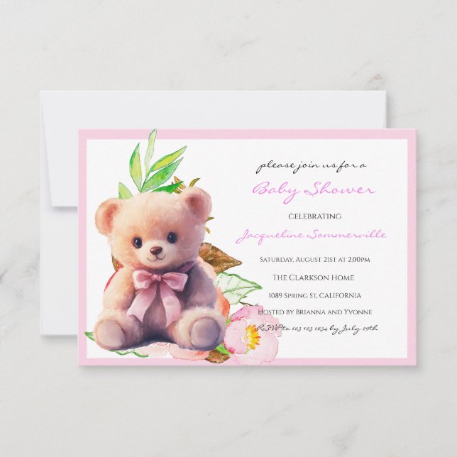 Chá de fraldas rosa-urso É uma garota (Frente)