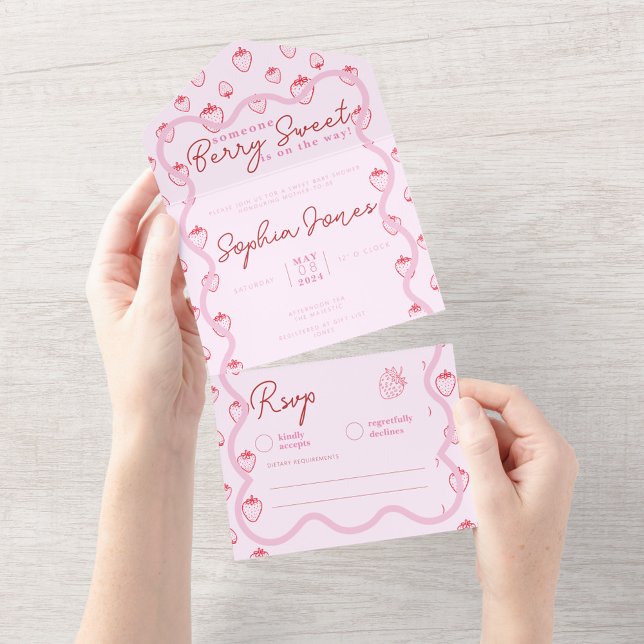 Chá de fraldas Rosa Wavy Strawberry Berry (zazzle berry sweet theme baby shower invitations)