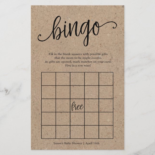 Chá de fraldas Rustic Kraft Bingo, Cartão de Papel (Frente)