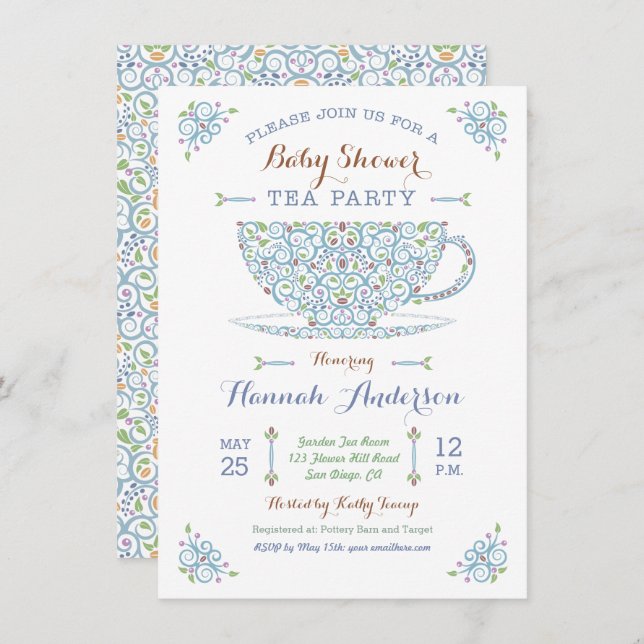 Chá de fraldas Tea Party - Baby Boy II Convite (Frente/Verso)