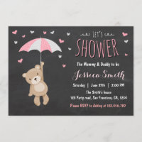 Chá de fraldas Teddy Bear Convite Bebê Menina Rosa