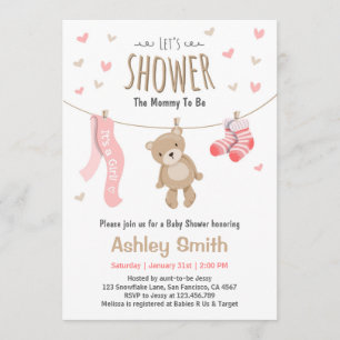 Chá de fraldas Teddy Bear Convite Bebê Rapariga ro