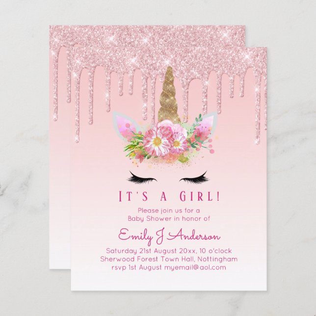 Chá de fraldas Unicorn Convocando Meninas Rosa Cut (Frente/Verso)