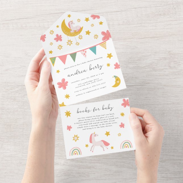 Chá de fraldas Unicorn rosa e Dourado (Aba destacável)