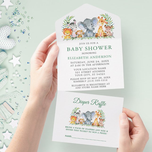 Chá de fraldas Verde de Animais Safari e Raffle (All In One Baby Shower Invitation with Diaper Raffle tear off card.)