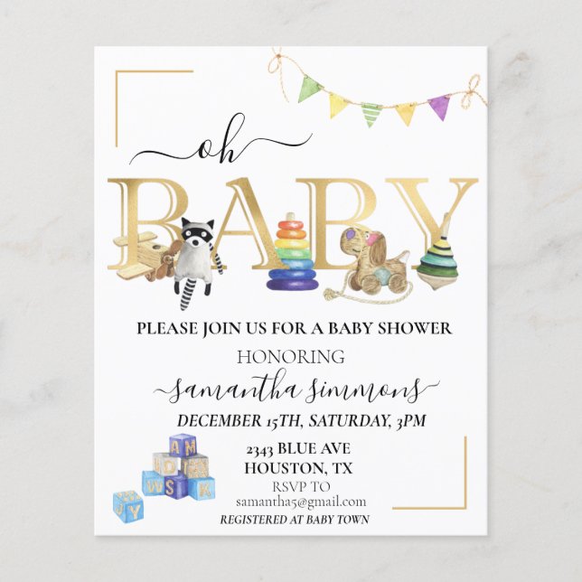 Chá de fraldas Vintage Wood Toys Dourados (Frente)