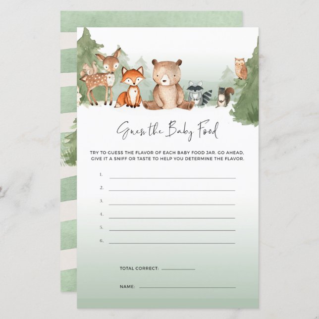 Chá de fraldas Woodland Jogo Adivinha Comida Bebê (Frente/Verso)