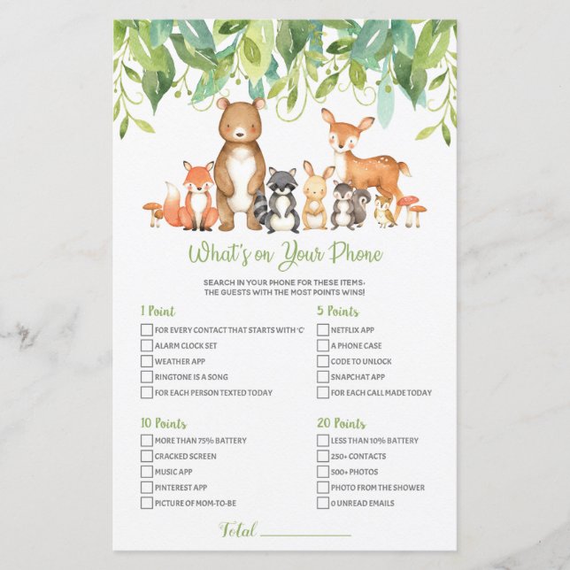 Chá de fraldas Woodland O que há no seu jogo telef (Frente)