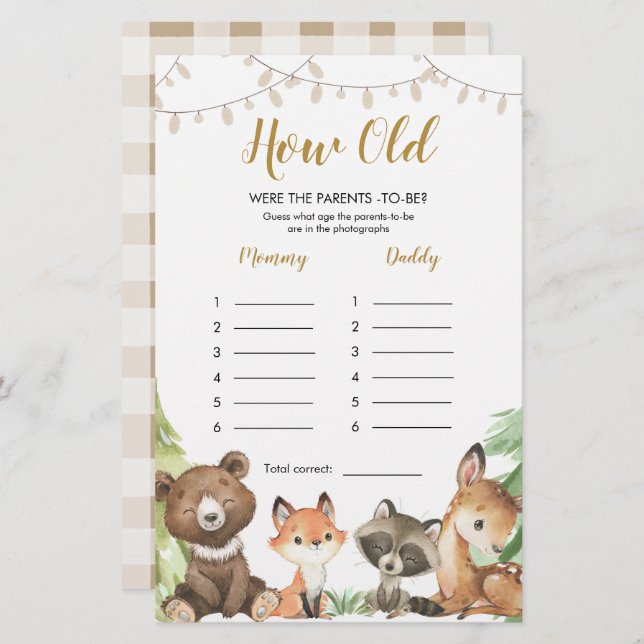 Chá de fraldas Woodland Quantos Anos Tinham Os Pai (Frente/Verso)