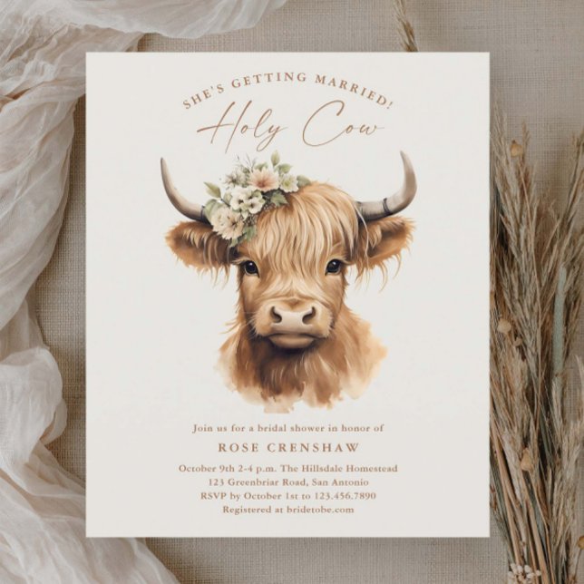 Chá de Noiva Elegante Boho Vaca das Terras Altas (Elegant boho highland cow budget bridal shower invitations.)