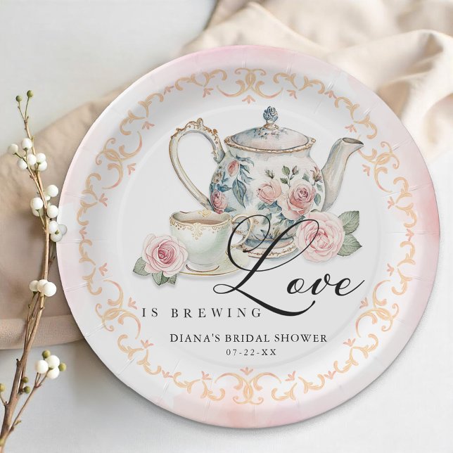 Chá de Panela Amor Estão Preparando Prato de Papel (Tea Party Paper Plates)