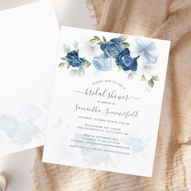 Chá de panela Azul com Dusty Floral (Elegant Floral Dusty Blue Watercolor Script Bridal Shower Invitation)