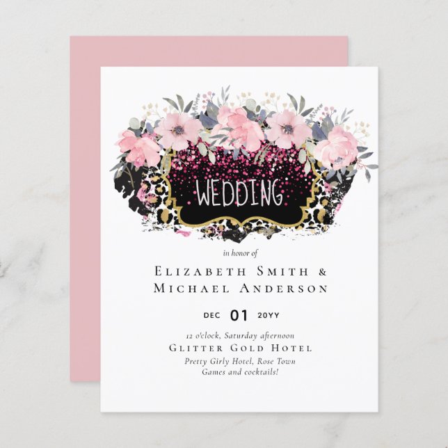 Chá de panela Cinza Moderno Floral Rosa de Orçamen (Frente/Verso)