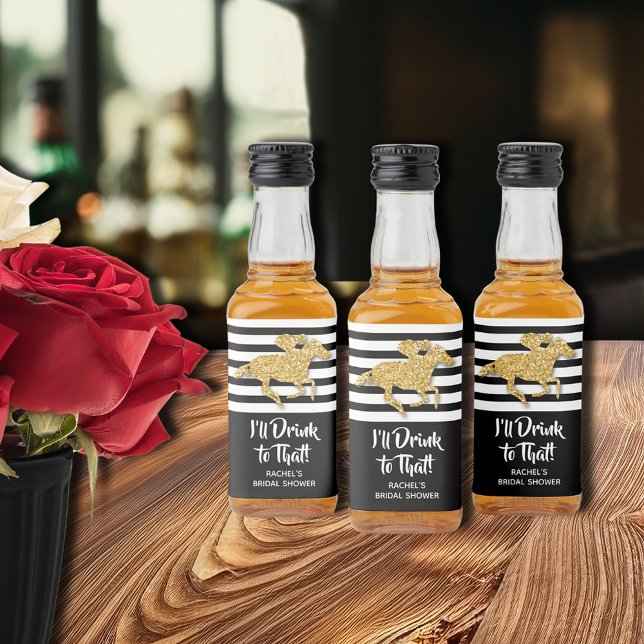 Chá de panela de Cavalo de Corrida Dourado Mini (Gold racehorse Derby-themed bridal shower mini liquor bottle personalized labels)