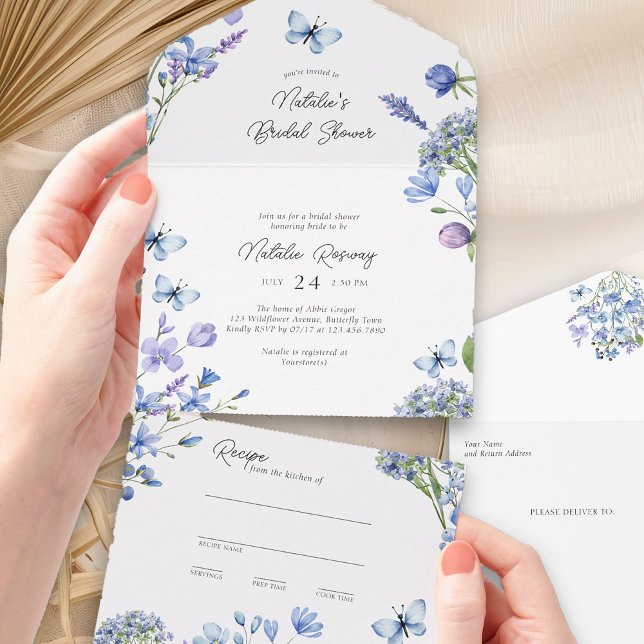 Chá de panela de flor selvagem azul e receitas ras (Trifold Bridal Shower Invitation with Recipe Card from my Blue Wildflower Bridal Shower Collection)