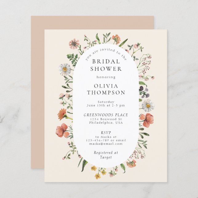 Chá de panela de flor selvagem de aquarela orçamen (Frente/Verso)