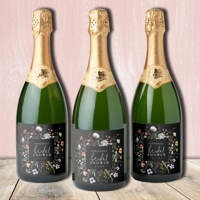 Chá de panela de flores silvestres preto (Wildflowers bridal shower personalized black champagne bottle labels)