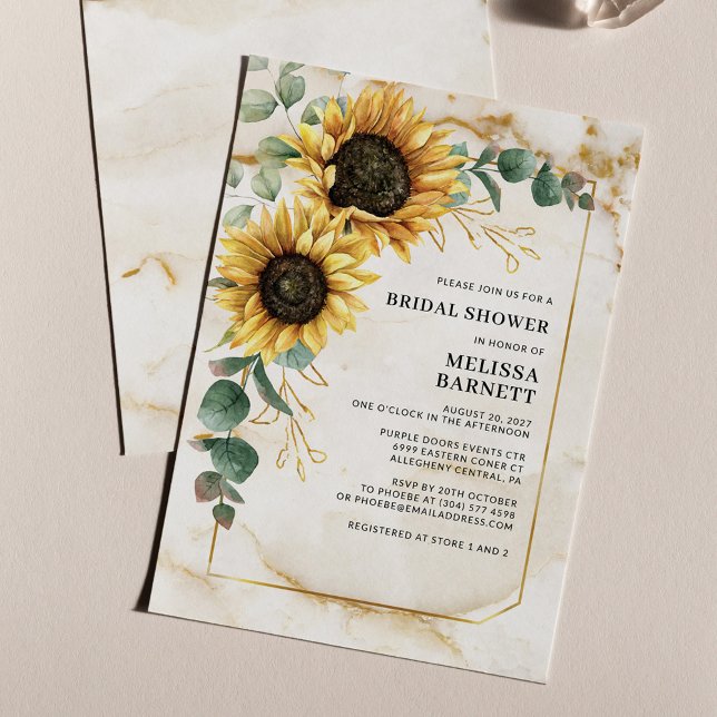 Chá de panela de girassol (Sunflower Eucalyptus Bridal Shower with Marble Background Invitation)