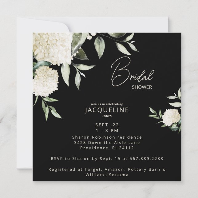 Chá de panela de Hydrangeas Brancas Preto Quadrado (Frente)