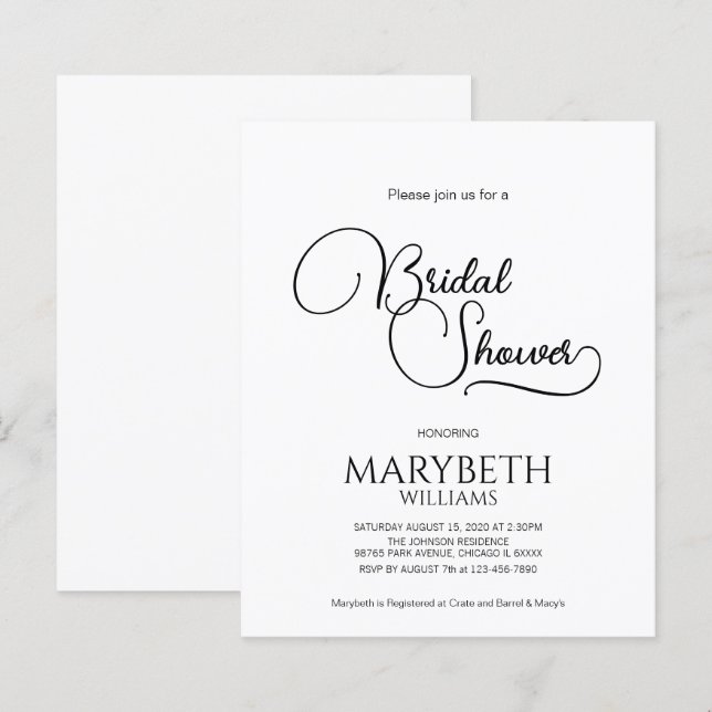 Chá de panela de Script Elegante Simples de Orçame (Frente/Verso)