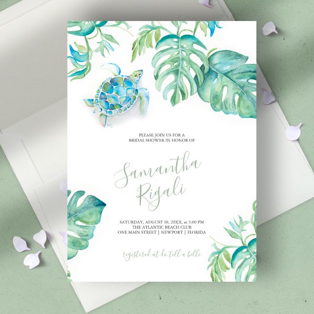 Chá de panela de Tartarugas do Mar de Folhas Tropi (bridal shower invitation tropical watercolor sea turtle by Victoria Grigaliunas)