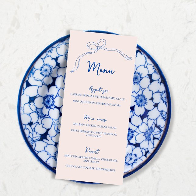 Chá de panela Desenho da Mão Azul do Arco Menu (Menu Blue Bow Hand Drawn Bridal Shower)
