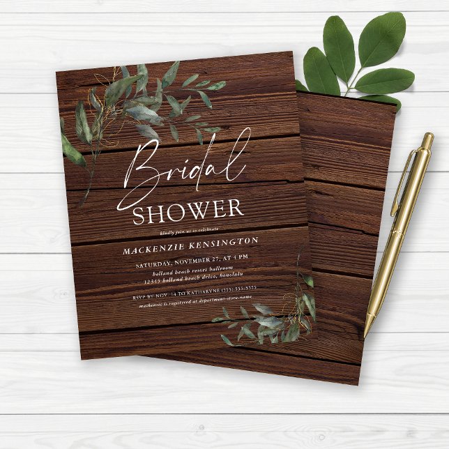 Chá de panela Dourado Eucalyptus, Madeira Rústica (Budget Rustic Wood Eucalyptus Gold Bridal Shower Invitation)