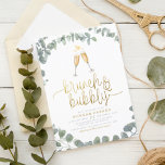 Chá de panela Eucalyptus bubble e Brunch<br><div class="desc">O design moderno apresenta uma coroa de folhas de eucalipto pintadas à mão com aquarelas, uma ilustração de dois copos de champanhe, "brunch & bubble" em letra falsa de guião em ouro, e os detalhes do seu partido na tipografia moderna. Clique em "Personalizar" para alterar o texto. Um design versátil,...</div>