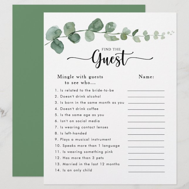 Chá de panela Eucalyptus Encontre o Jogo Convidado (Frente/Verso)