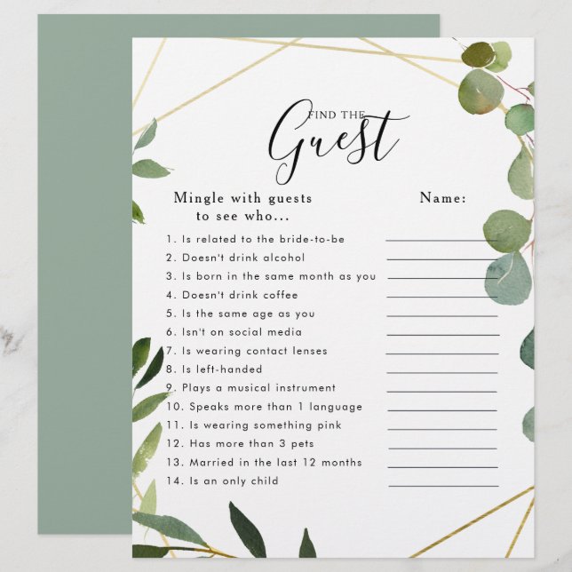 Chá de panela Eucalyptus Encontre o Jogo Convidado (Frente/Verso)