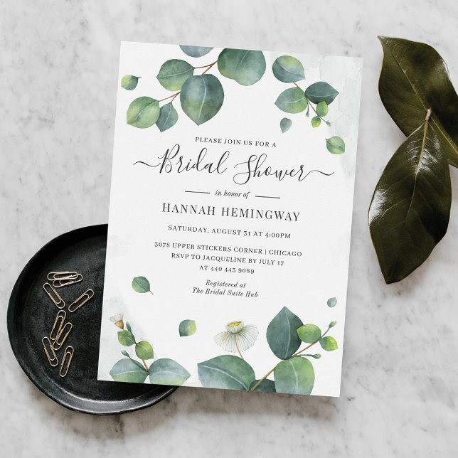 Chá de panela Eucalyptus Greenery (Eucalyptus Greenery Watercolor Script Bridal Shower Invitation)