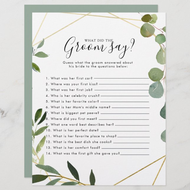 Chá de panela Eucalyptus O que o noivo disse (Frente/Verso)