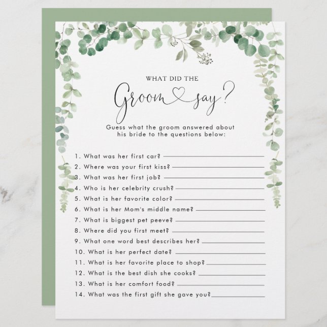 Chá de panela Eucalyptus O que o noivo disse (Frente/Verso)