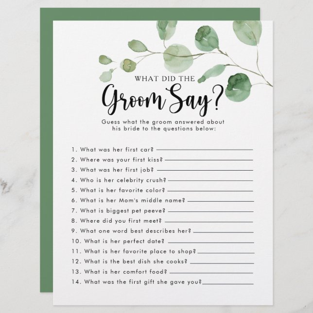 Chá de panela Eucalyptus O que o noivo disse (Frente/Verso)