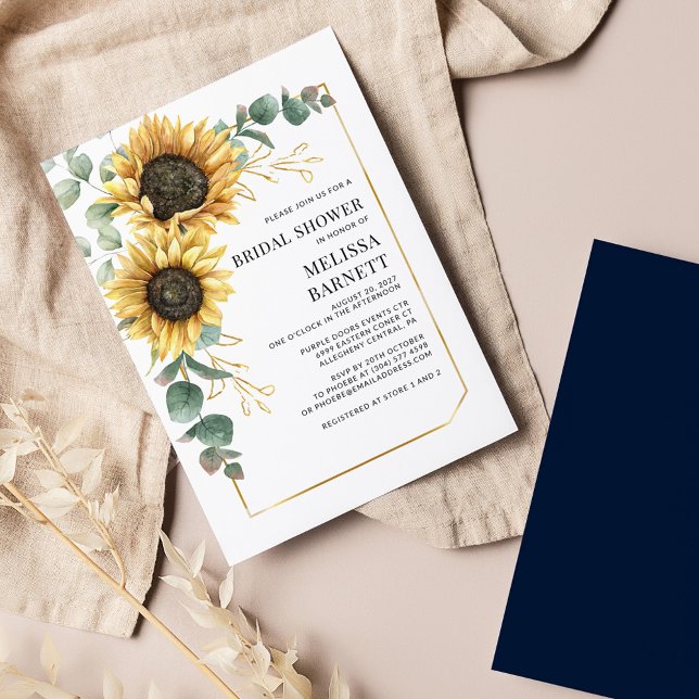 Chá de panela Eucalyptus Sunflower (Sunflower Floral Eucalyptus Foliage Bridal Shower Invitation)
